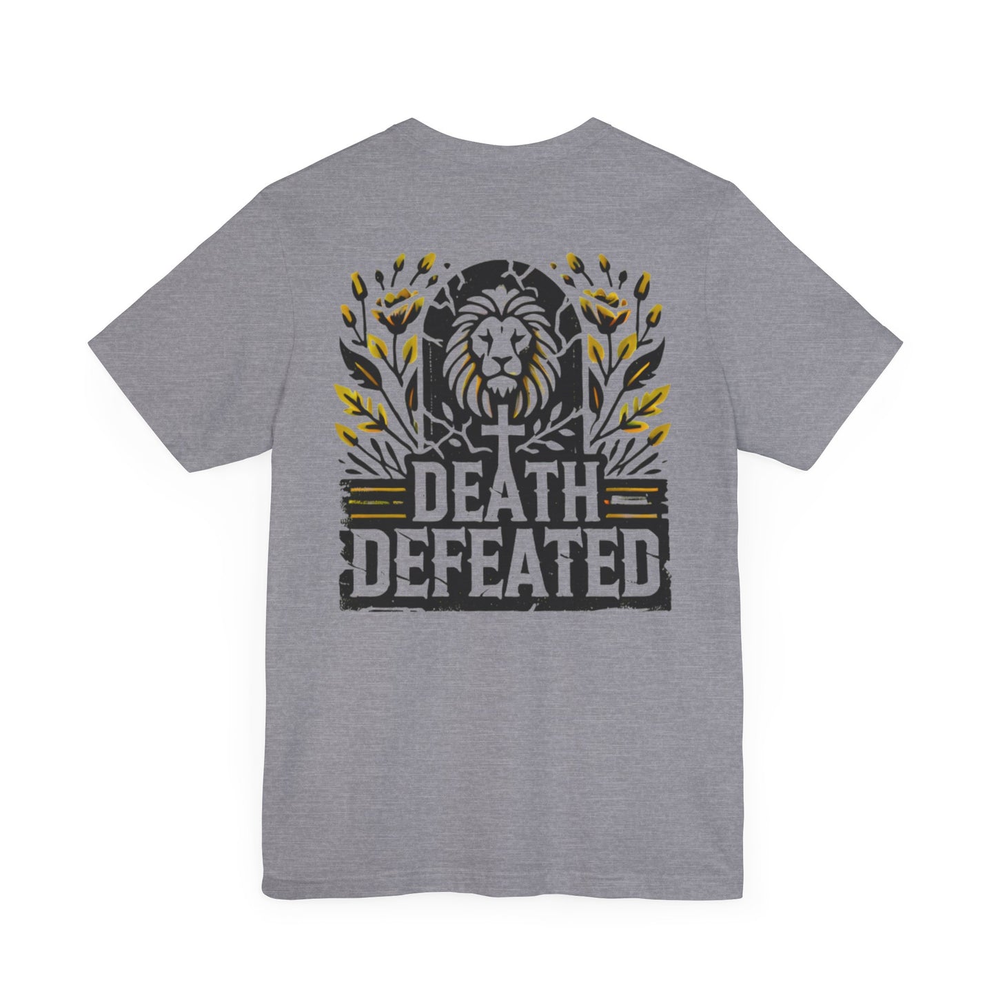 Back view of the 'Death Defeated' T-shirt in Heather Storm, featuring a bold lion graphic with a cross, vibrant yellow floral accents, and 'Death Defeated' text design.