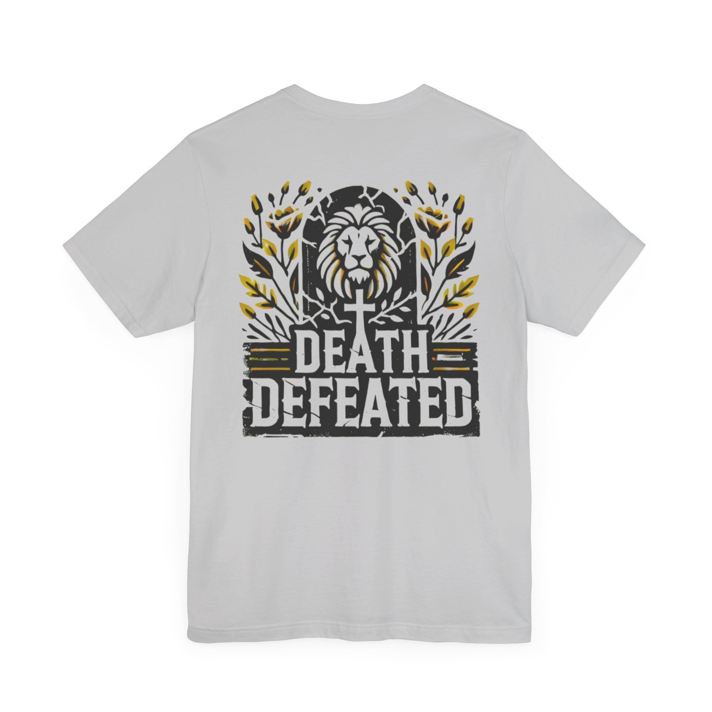 Back view of the 'Death Defeated' T-shirt in solid athletic grey, featuring a bold lion graphic with a cross, vibrant yellow floral accents, and 'Death Defeated' text design.