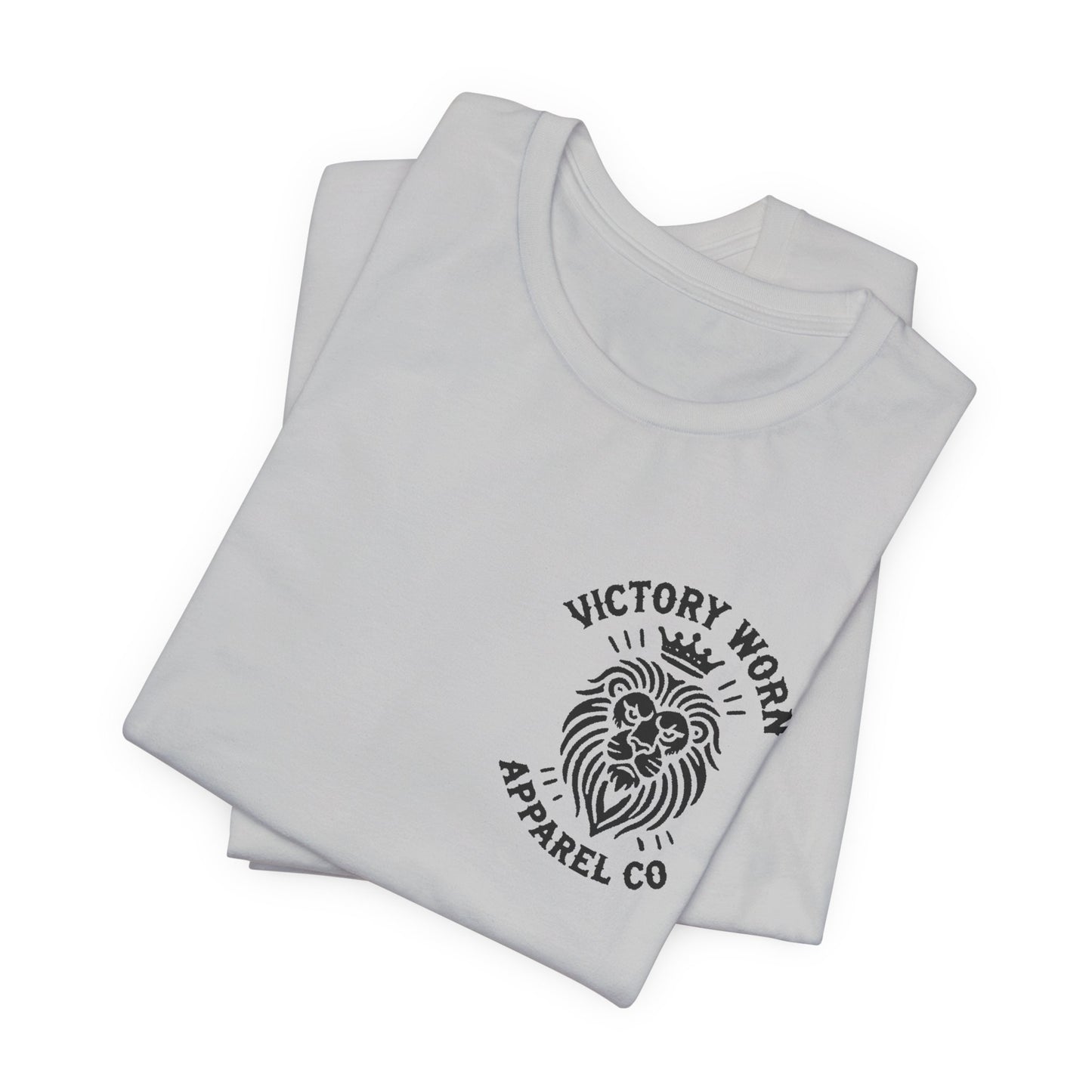 Folded 'Death Defeated' T-shirt in Solid Athletic Grey with the Victory Worn Apparel Co. lion logo on the front.