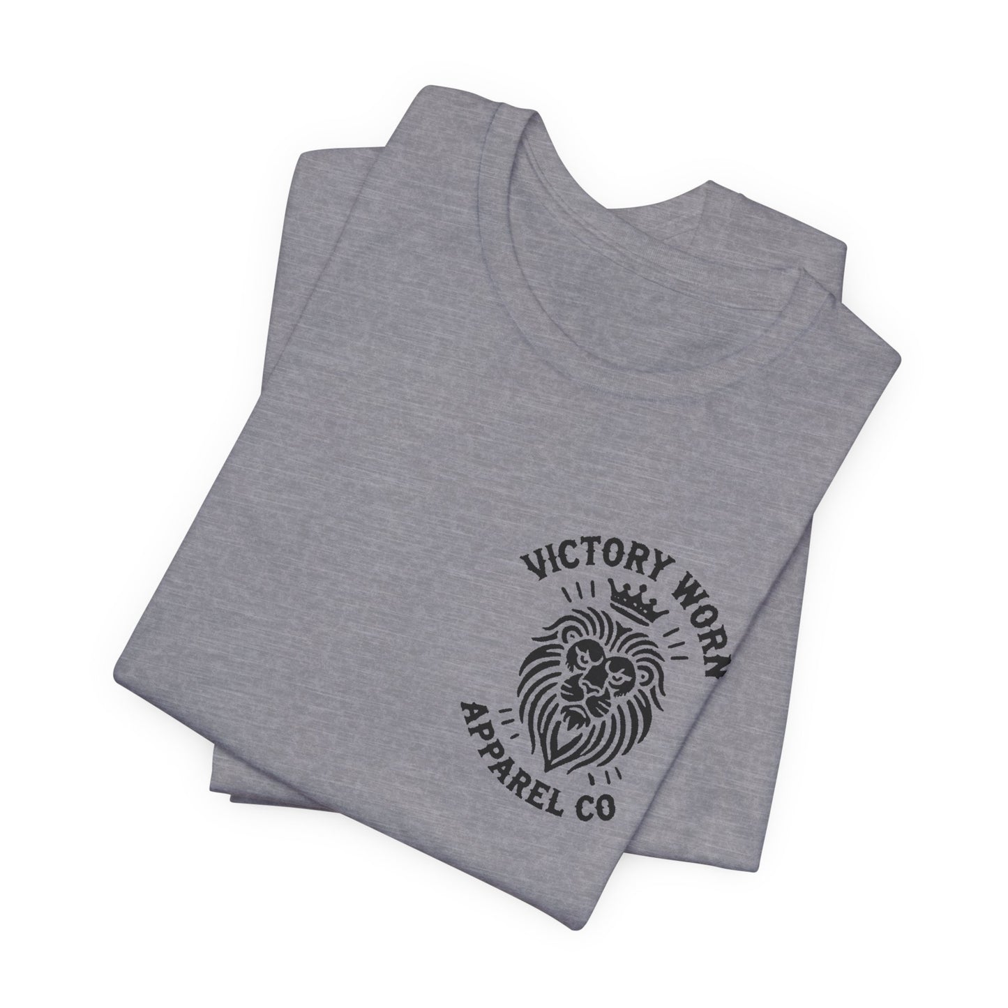 Folded 'Death Defeated' T-shirt in Heather Storm with the Victory Worn Apparel Co. lion logo on the front.