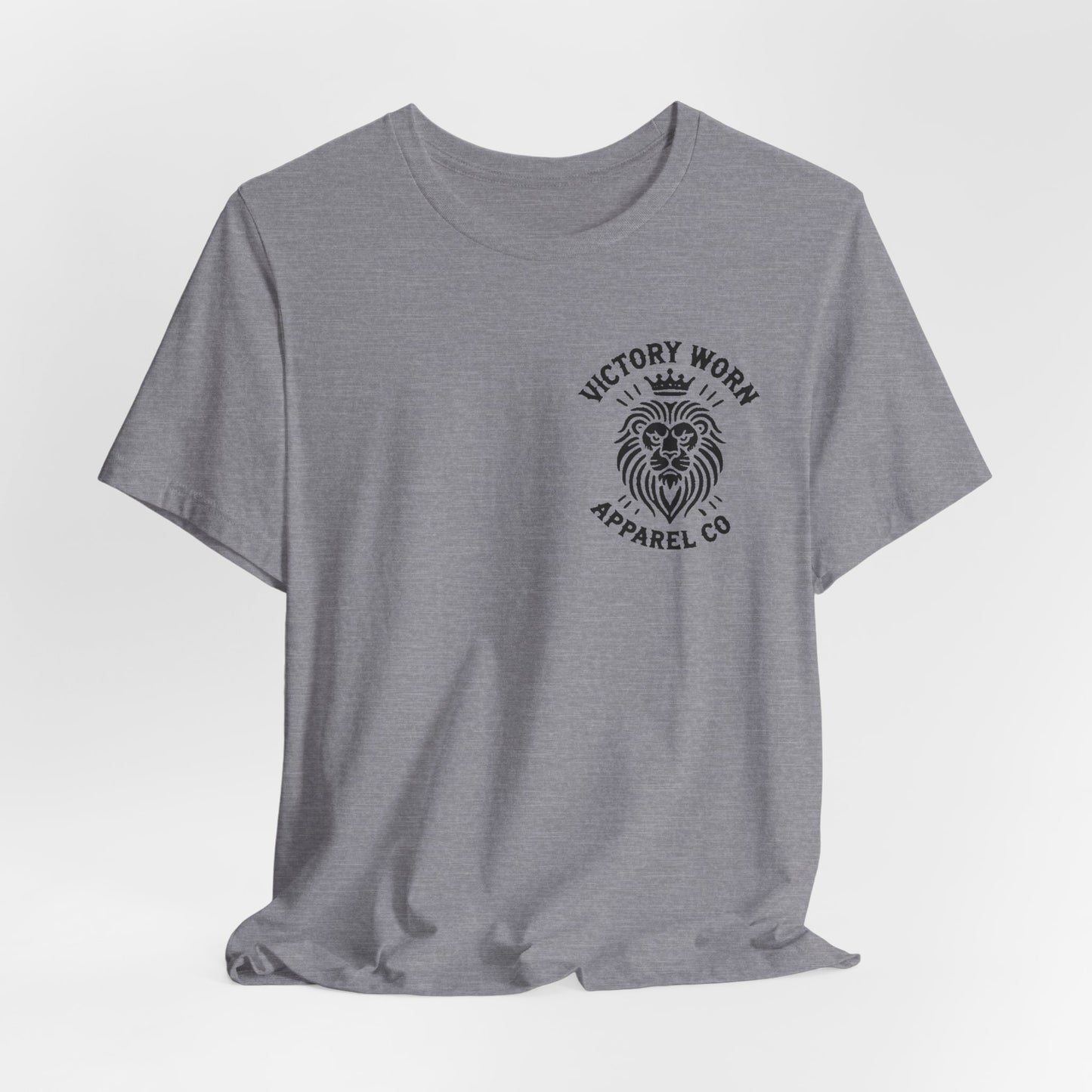 Death Defeated' T-shirt in Heather Storm, featuring the Victory Worn Apparel Co. lion logo on the front.