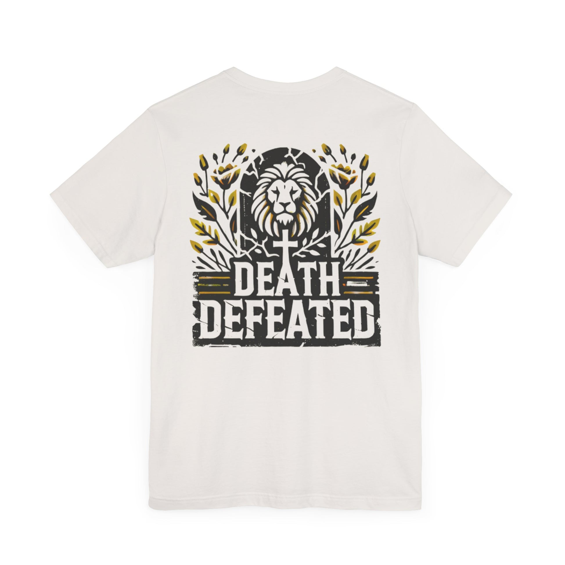 Death Defeated' T-shirt in Vintage White, featuring a bold lion graphic, cross, yellow floral accents, and the text 'Death Defeated' on the back.