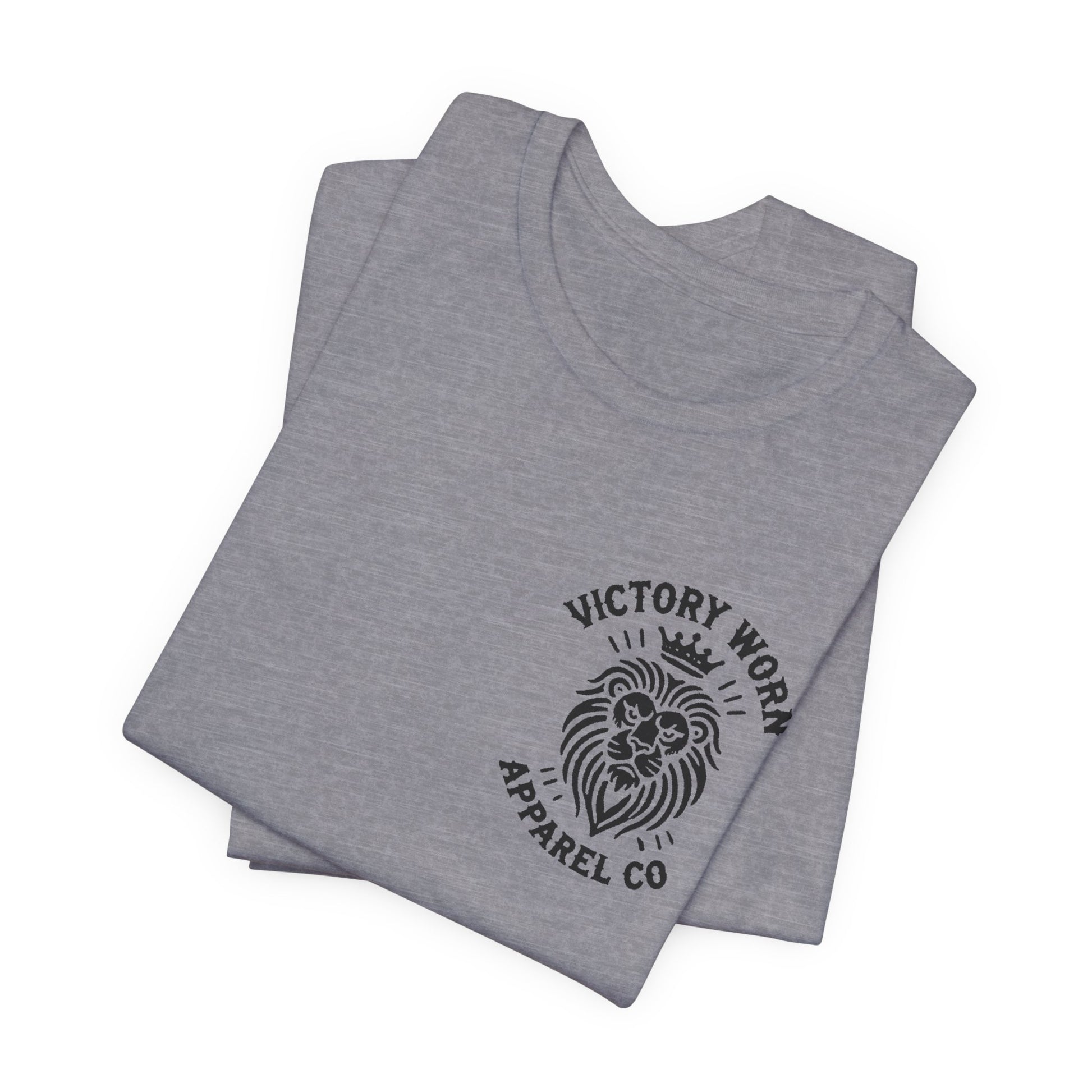 Folded 'Death Defeated' T-shirt in Heather Storm with the Victory Worn Apparel Co. lion logo on the front.