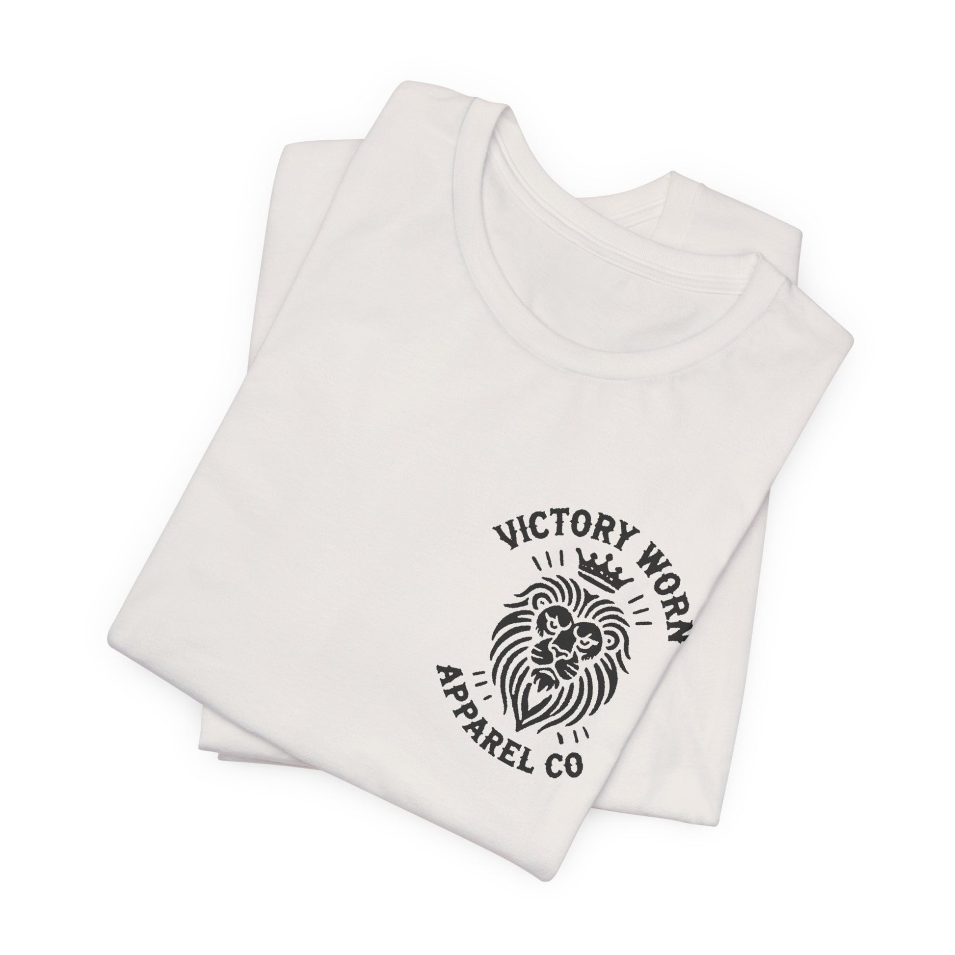Folded 'Death Defeated' T-shirt in Vintage White with the Victory Worn Apparel Co. lion logo on the front.
