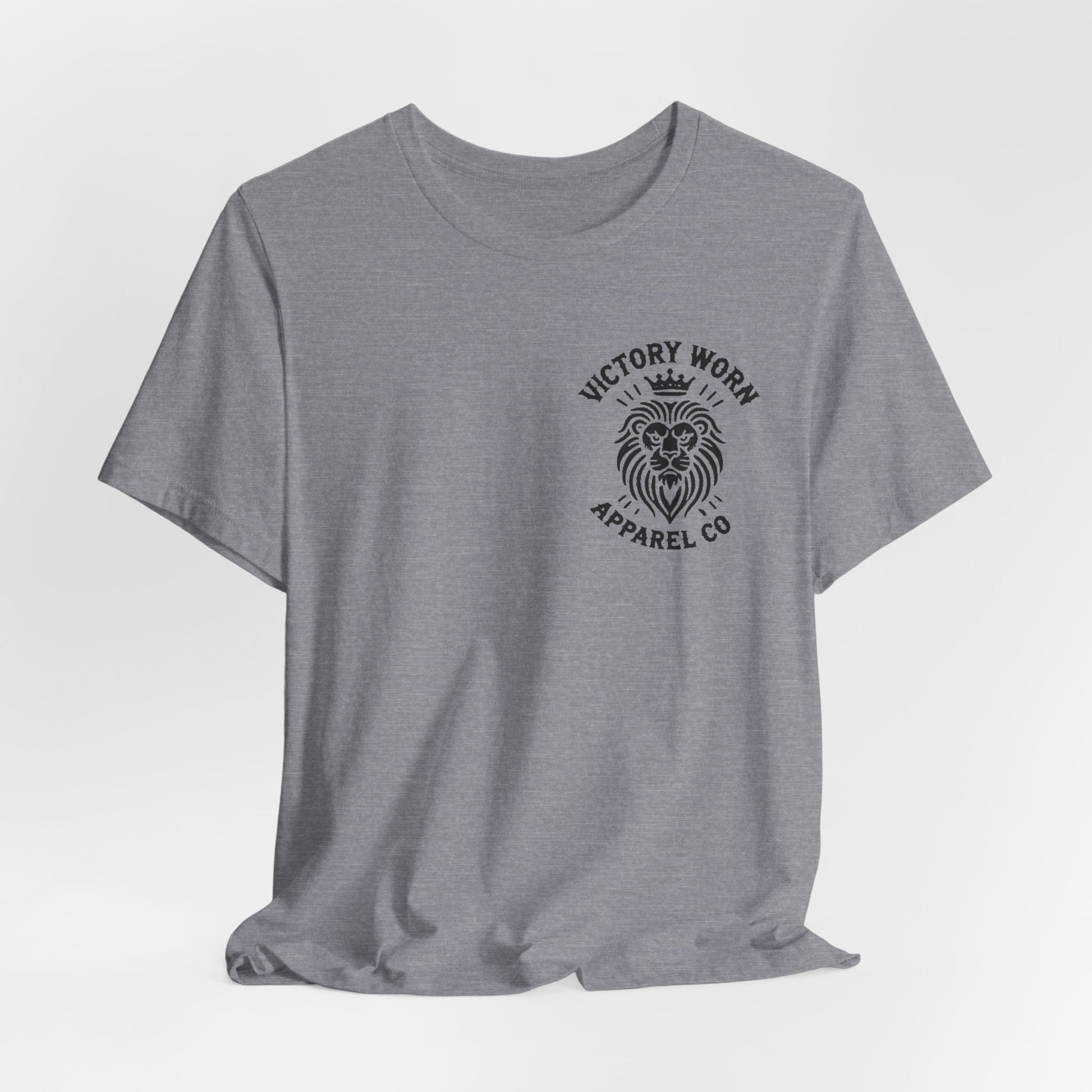 Death Defeated' T-shirt in Heather Storm, featuring the Victory Worn Apparel Co. lion logo on the front.