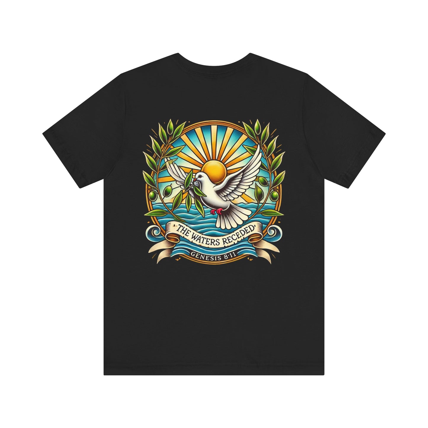 Receding Waters Tee in black, featuring a white dove and olive branch design symbolizing peace and renewal
