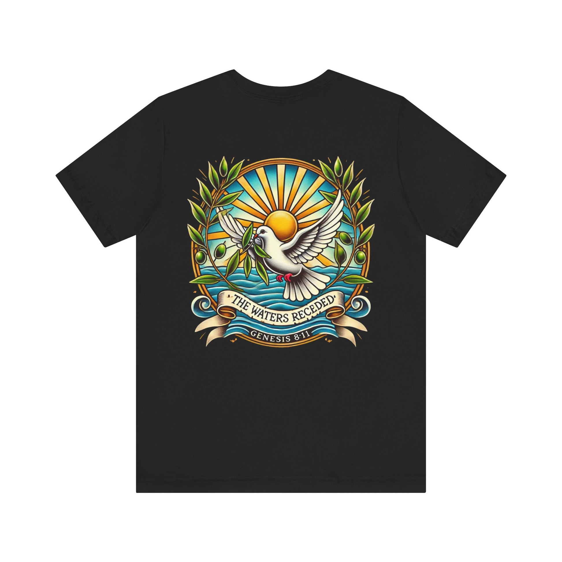 Receding Waters Tee in black, featuring a white dove and olive branch design symbolizing peace and renewal