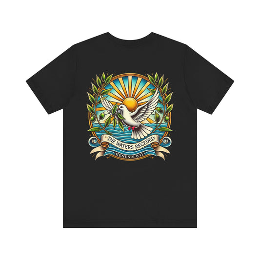 Receding Waters Tee in black, featuring a white dove and olive branch design symbolizing peace and renewal