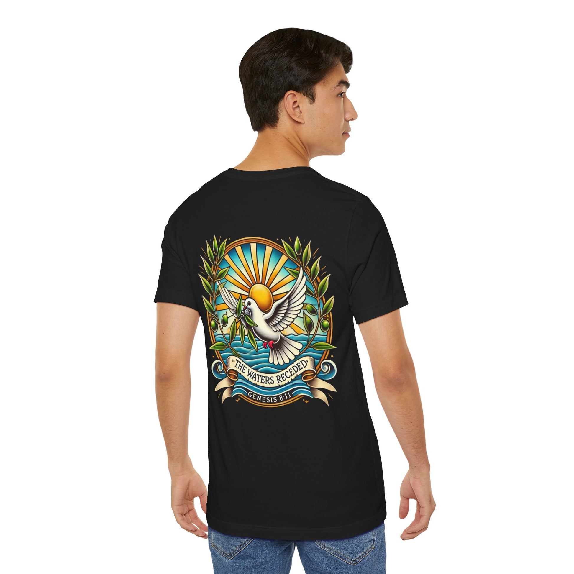 Receding Waters Tee in black, featuring a white dove holding an olive branch with a vibrant sunburst background and Genesis 8:11 inscription, modeled on a person for a stylish fit
