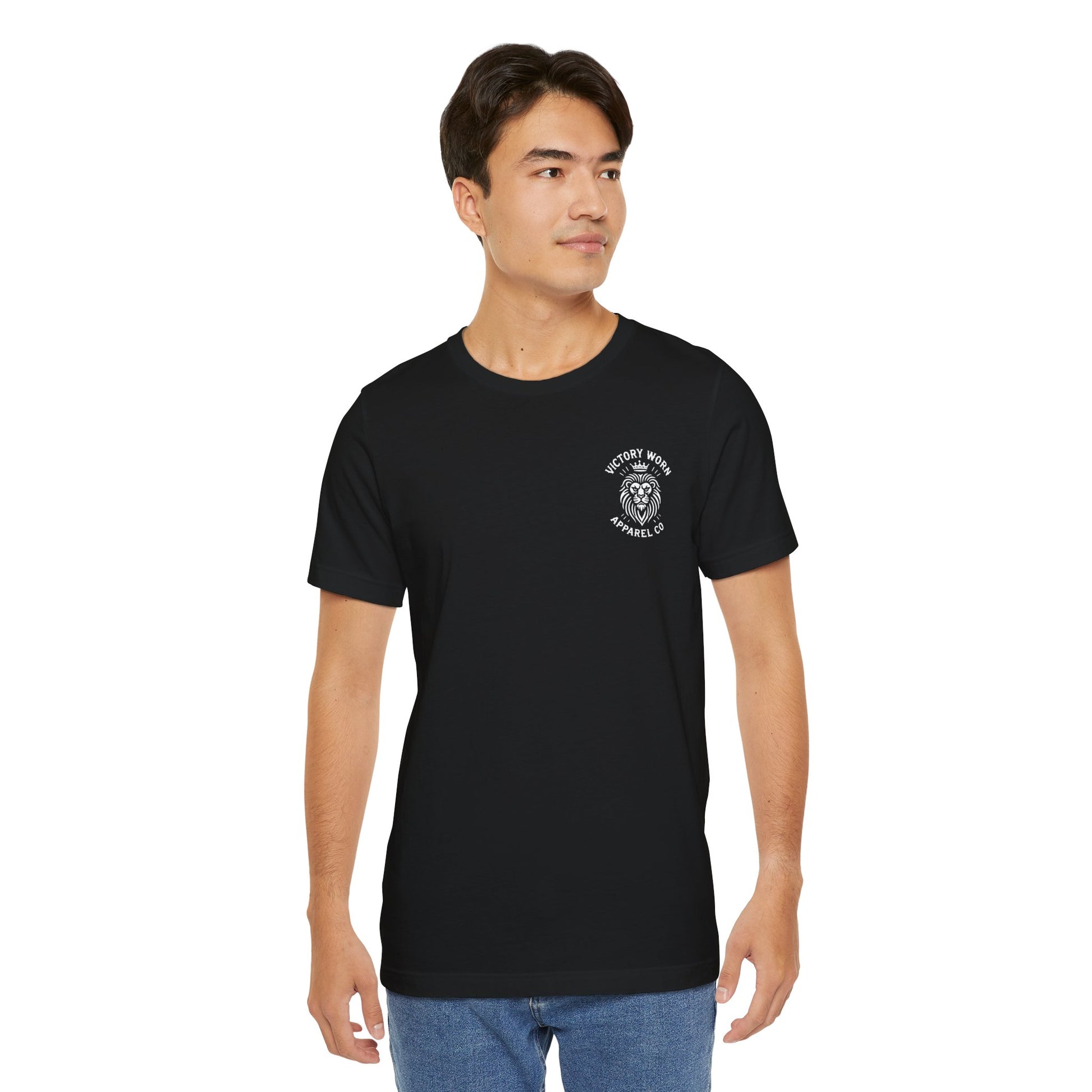 Receding Waters Tee in black, modeled on a person, featuring a front chest emblem with the Victory Worn Apparel Co. logo and lion design.