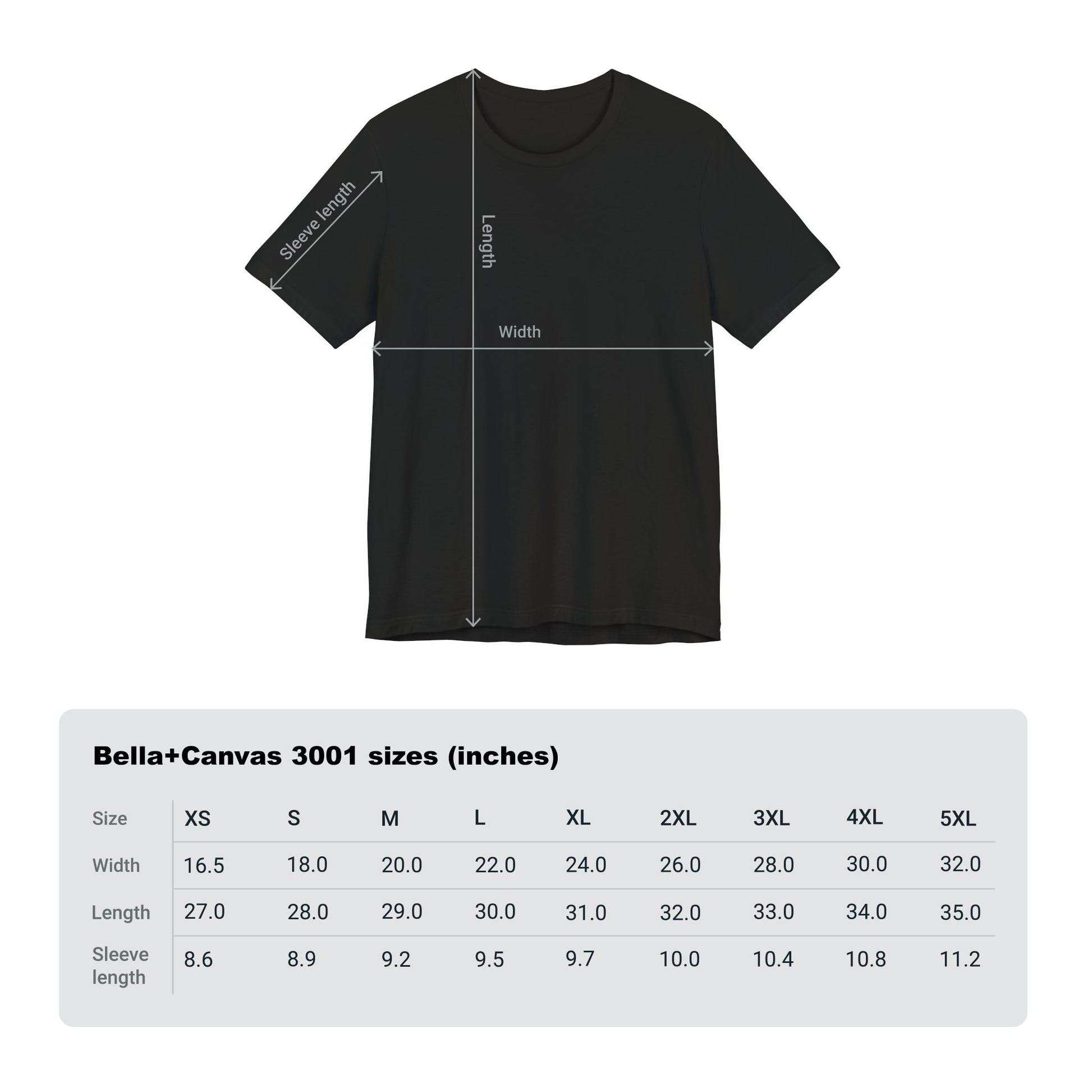 Size chart for the Receding Waters Tee, showcasing measurements for width, length, and sleeve length in inches for Bella+Canvas 3001 shirt sizes XS to 5XL.