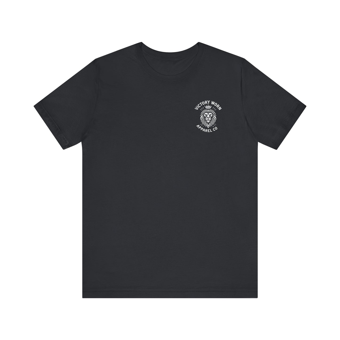 Receding Waters Tee in black with Victory Worn Apparel Co. emblem on the front chest, featuring a lion design symbolizing strength and faith.